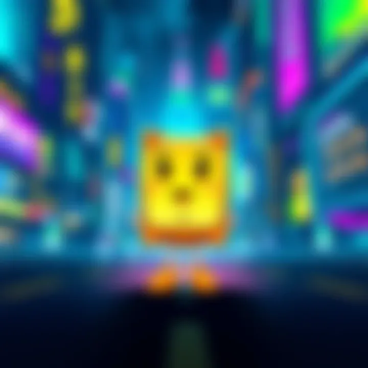 Bitty, a cheerful cartoon character with a Bitcoin symbol, stands in a vibrant city filled with digital elements and cryptocurrency visuals.