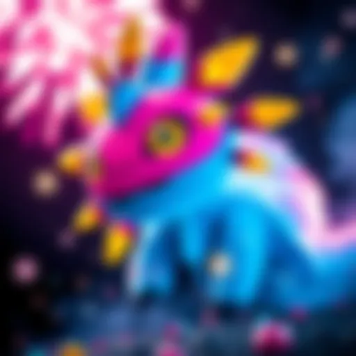 Blacephalon is a bright, colorful Pokémon with a large head resembling a firework. It has a playful look and is surrounded by sparkles, symbolizing creativity.