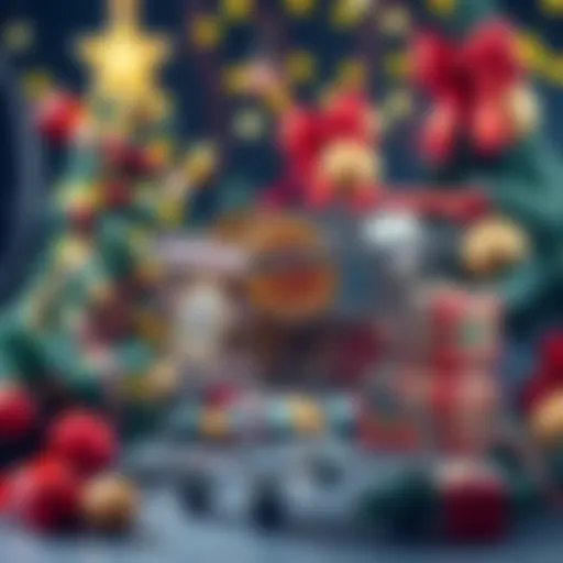 A shopping cart filled with cryptocurrency symbols surrounded by holiday decorations