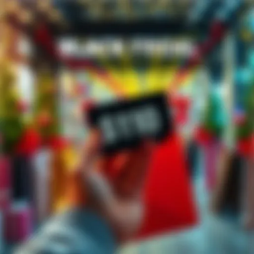 A person holds a $10 gift card with shopping bags and holiday decorations in the background