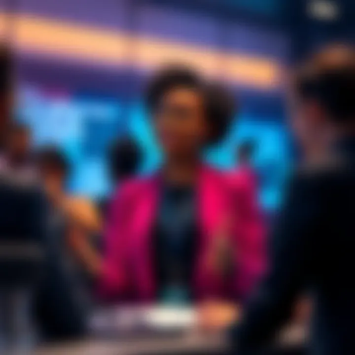 A black woman confidently presenting at a blockchain conference, with diverse team members engaged.