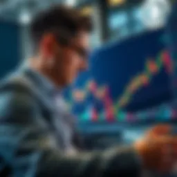 A financial analyst reviewing Bitcoin charts with a BlackRock logo in the background