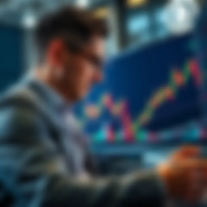 A financial analyst reviewing Bitcoin charts with a BlackRock logo in the background