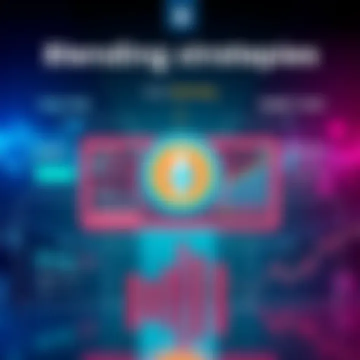 A graphic showing various investment strategies in decentralized finance, with images of high-risk options and stable lending tools, alongside performance tracking tools.