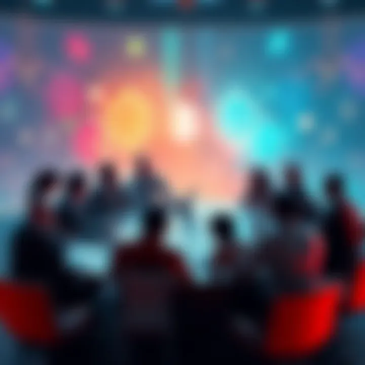 Blockchain and AI Debate A group of people discussing blockchain technology and AI at a round table, with digital graphics of blockchain and AI elements in the background.