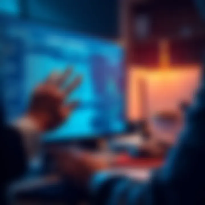 Blockchain Legal Implications A person examining a digital ledger on a computer screen, with legal documents and a gavel in the background, representing the intersection of blockchain technology and law.
