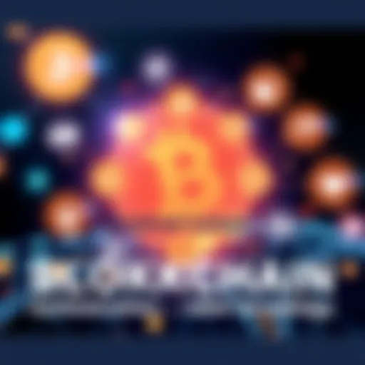 An illustration showing various applications of blockchain technology, including finance, supply chain, and healthcare. Icons represent different sectors connected by a blockchain.