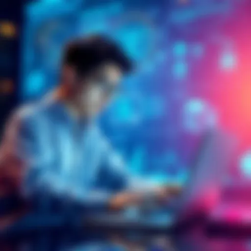 A young professional analyzing blockchain technology data on a laptop, with graphics of AI and cybersecurity in the background.