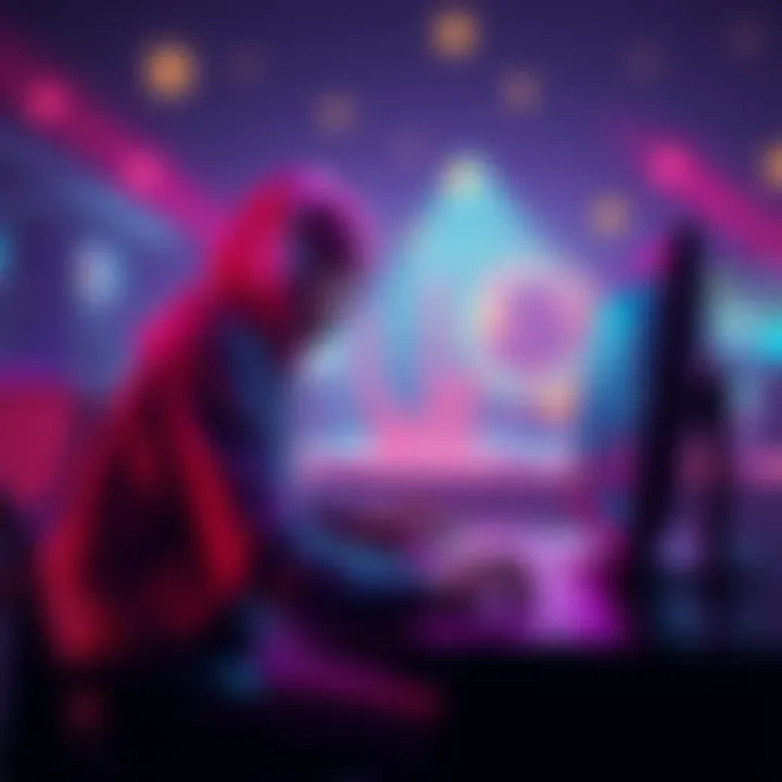 A visual representation of blockchain technology in gaming, showing a character playing a game on a computer with blockchain symbols around, reflecting authentication and transparency.