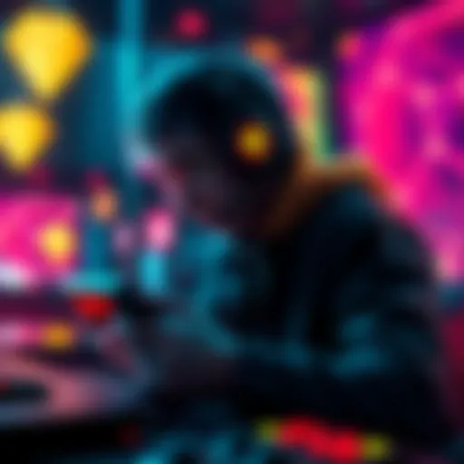 A digital representation of a gamer using blockchain technology to trade and authenticate games, with visual elements symbolizing tokens and digital ownership.