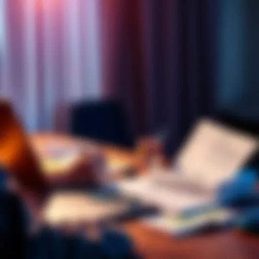 A person reviewing notes and preparing for a blockchain trainee interview with a laptop and papers on a desk.