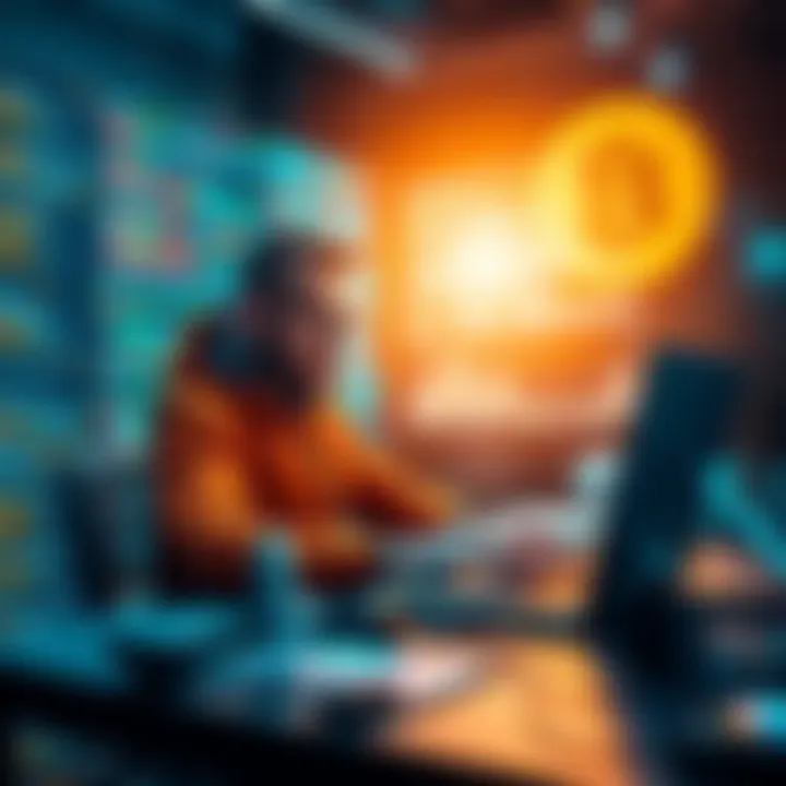 Blockchain Plug-In Architecture A developer working on a laptop, surrounded by code and blockchain graphics, symbolizing modern blockchain development with plug-in architecture.