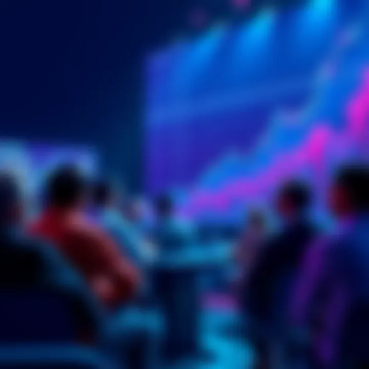 Blockchain Prediction Announcement A group of people discussing blockchain predictions at a forum, with charts and graphs showing upward trends in the background.