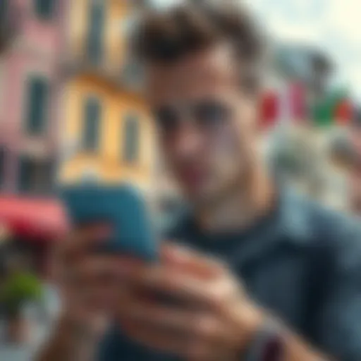 A New Zealander looking worried while holding a smartphone showing a blocked account notification, with an Italian backdrop in the background