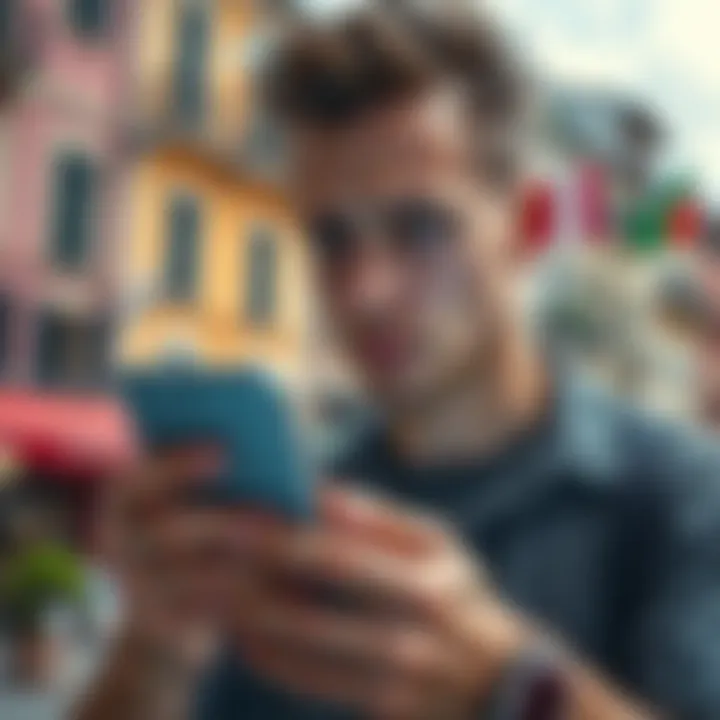 A New Zealander looking worried while holding a smartphone showing a blocked account notification, with an Italian backdrop in the background