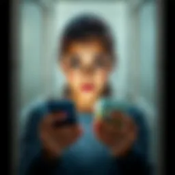 A young woman looks worried while staring at her phone, with bank notes and a blocked account alert on the screen