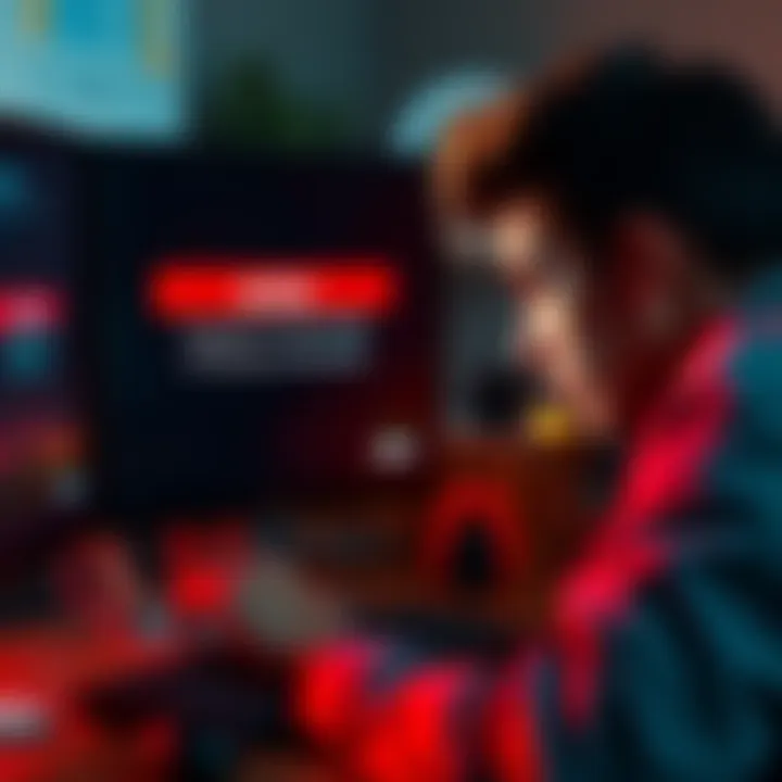 A frustrated person looking at a computer screen with a blocked account message, showing concern over payment issues.