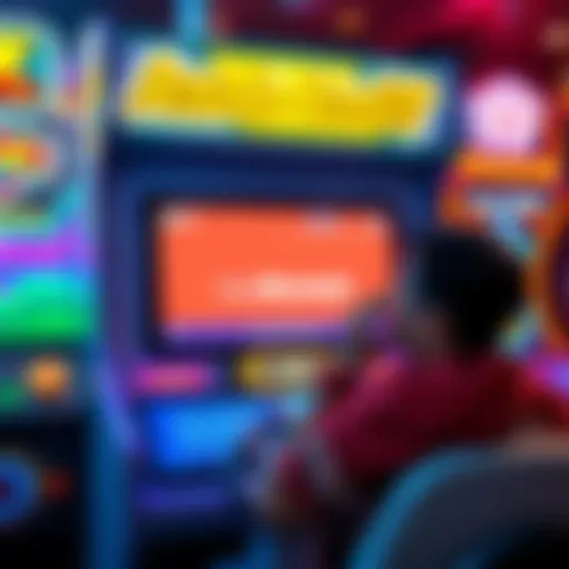 A frustrated player sitting at an arcade machine with a blocked screen showing an error message, surrounded by colorful arcade game graphics.