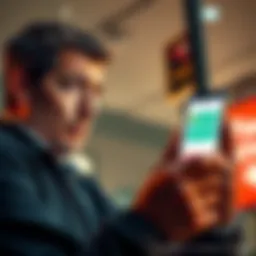 A person looking worried about their blocked bank account while staring at their phone, showing a money transfer app.