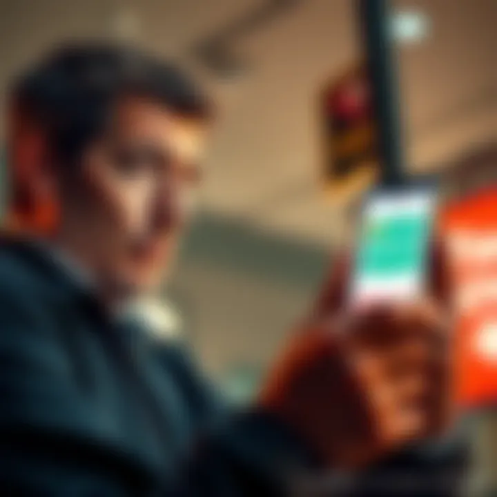 A person looking worried about their blocked bank account while staring at their phone, showing a money transfer app.