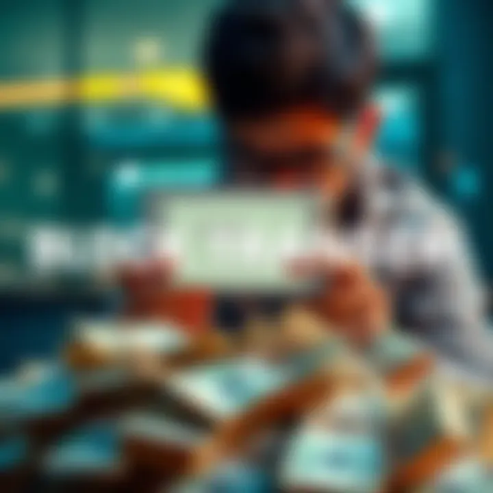 A frustrated person looking at a blocked transfer notification on their phone, with a pile of banknotes in the foreground.