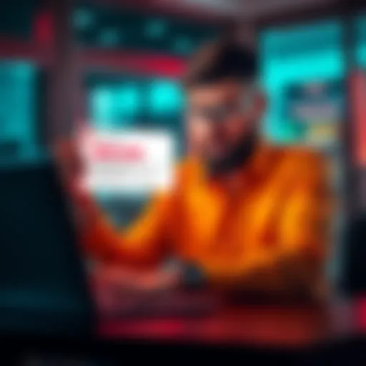 A worried business owner looking at their laptop with a screen showing blocked payment notifications. They appear concerned about their financial situation.