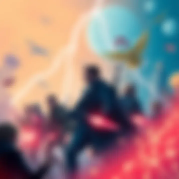 Illustration of Blocksize War and Lightning Network A visual representation showing the conflict of opinions during the Blocksize War and the operational flow of the Lightning Network, with key figures and technology elements depicted.