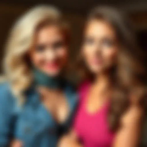 Two women, one with blonde hair and the other with brunette hair, smiling and comparing their hairstyles in a friendly debate.