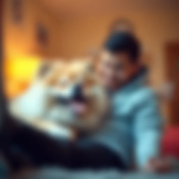 BMO, a chow chow-Samoyed mix, sitting happily beside his owner, showing a loving bond