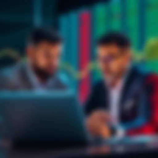 Two board members discussing investments while reviewing stock market data on a laptop.
