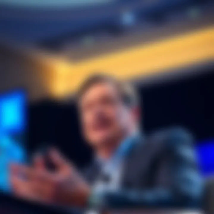 BofA CEO Warning on Stablecoins BofA CEO speaking at a conference, expressing concerns about stablecoins and bank deposits with a focused expression.