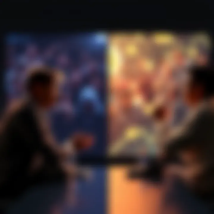 A split screen showing Bogleheads members discussing rational financial strategies on one side and crypto enthusiasts expressing emotional opinions on the other side