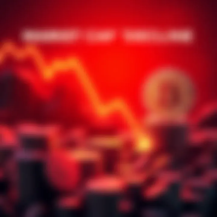 A visual representation of BONK's market cap drop, showing a large downward arrow and a coin image representing BONK, with a background of red to signify loss.