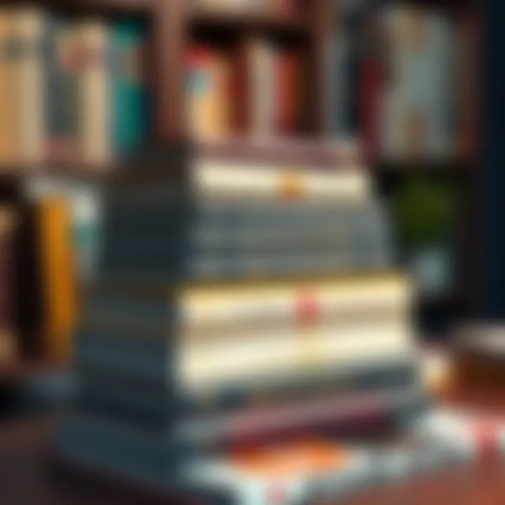 Books About Bitcoin A stack of books with Bitcoin symbols and cryptocurrency themes on the covers, representing the journey of Bitcoin enthusiasts.