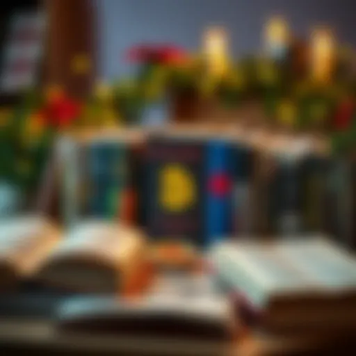 A collection of books about Bitcoin with a cozy Christmas setting and decorative lights