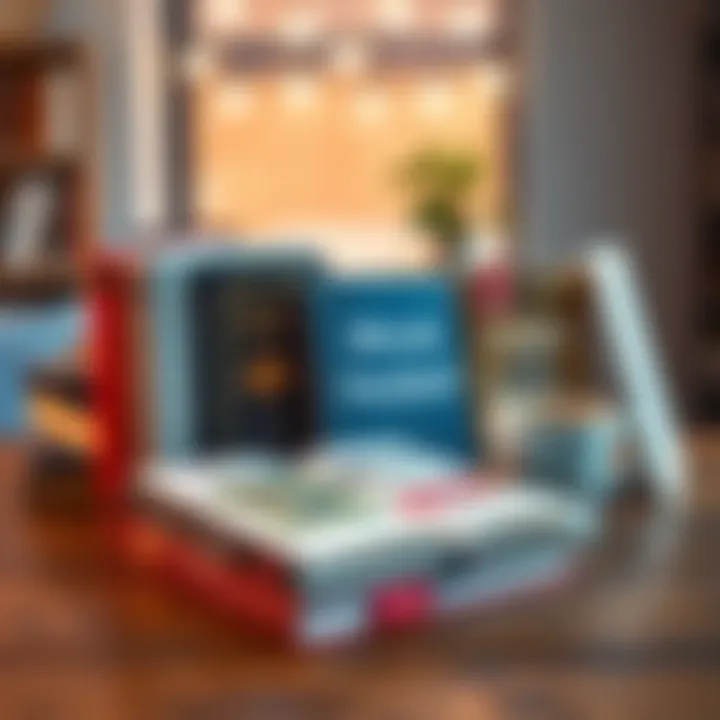 A collection of notable books including Bitcoin Standard and Layered Money, displayed on a wooden table with a cup of coffee