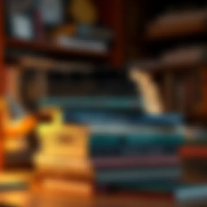 A collection of essential books stacked on a desk, focused on financial markets and Bitcoin, with a warm light illuminating the covers.