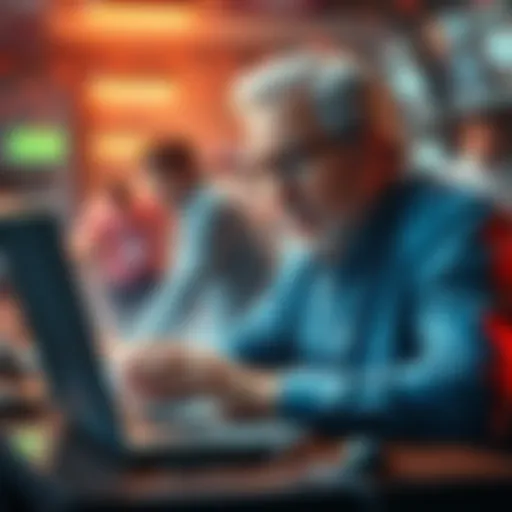 A 65-year-old man with glasses provocatively typing on a laptop in a chaotic online forum setting, representing tension in digital discussions.