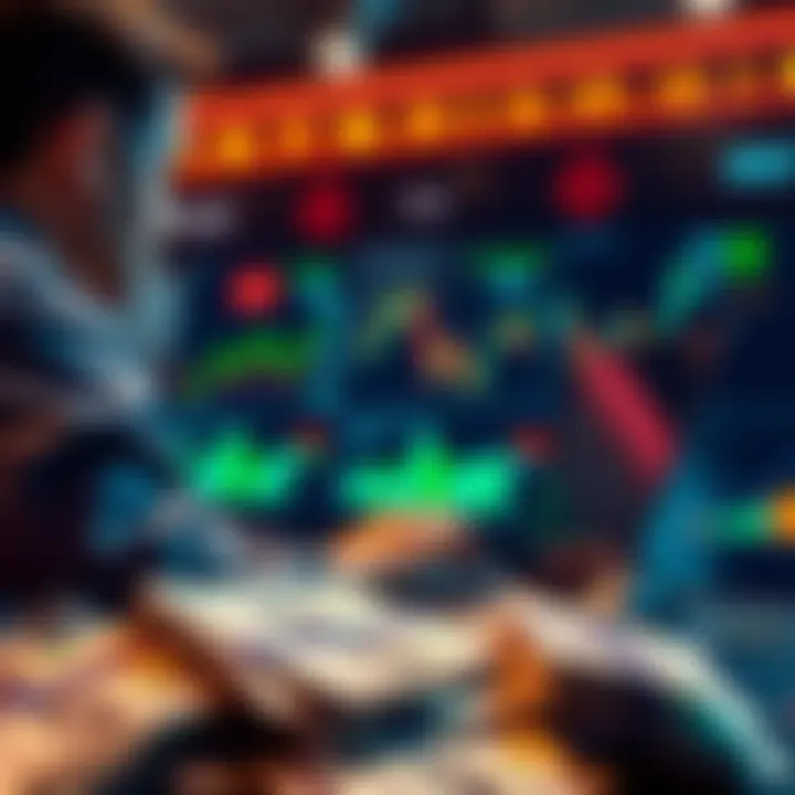 A person analyzing financial charts and graphs while looking at a laptop, with dollar bills in the foreground.