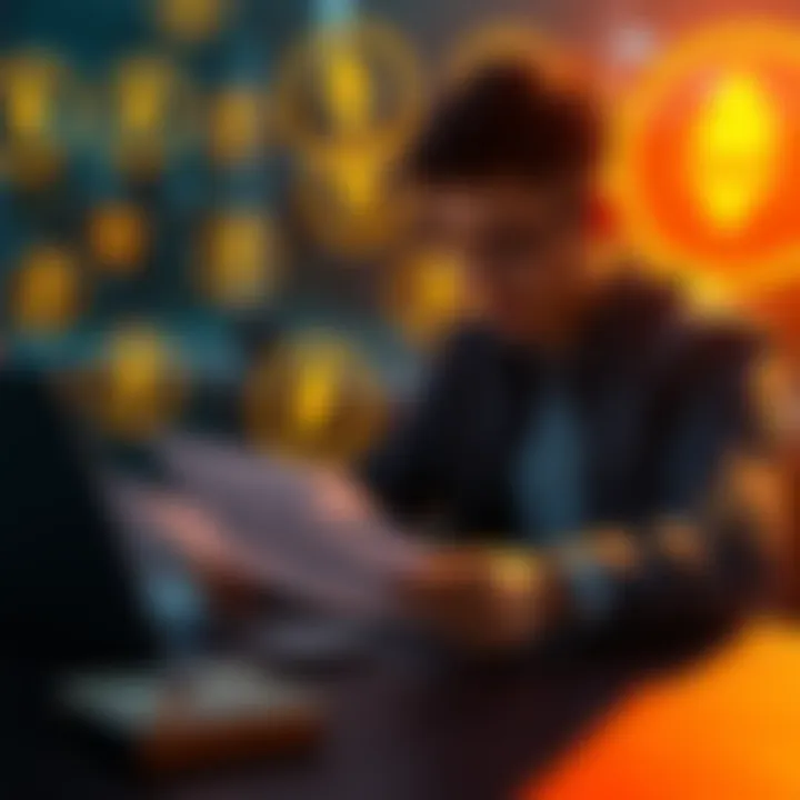 Borrowing Against Staked Ether A person reviewing financial documents on a laptop, with staked ether symbols in the background, showcasing the lending feature at Coinbase.