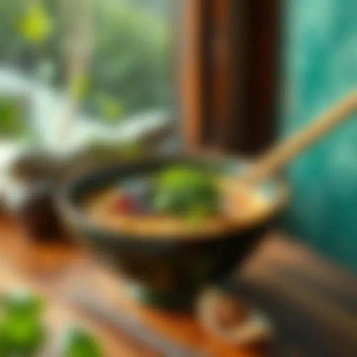 A bowl of premium green ramen garnished with fresh herbs and vegetables, set on a wooden table with a green backdrop