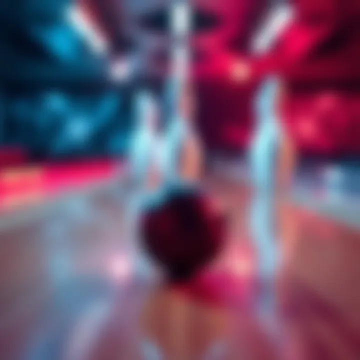 A close-up of a bowling ball rolling down the lane towards the pins, capturing the tension of a crucial moment in a match.