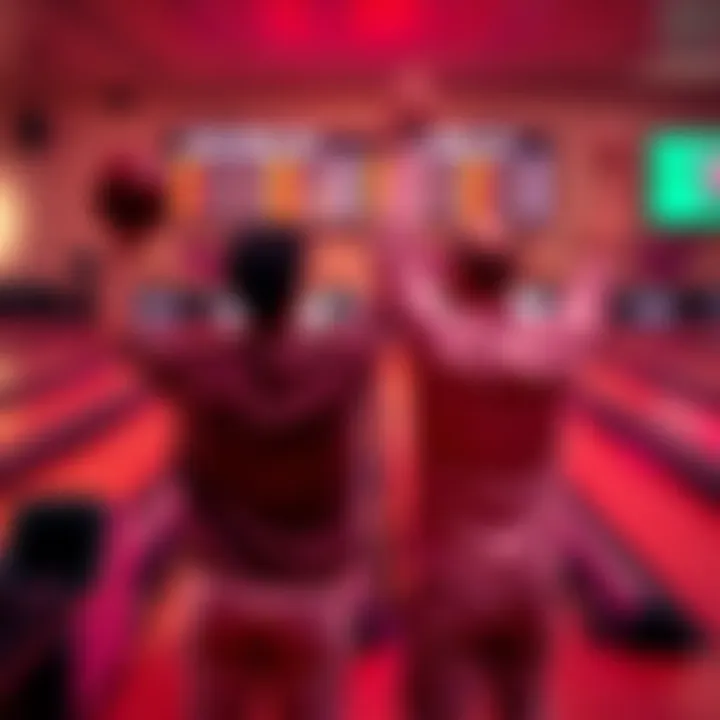 Bowling players celebrating a tie Two bowlers standing at the scoring area, looking at the scoreboard with tied scores, one holding a bowling ball and the other smiling, raising arms in celebration.