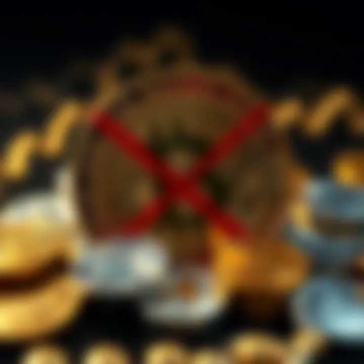 A graphic showing a crossed-out bitcoin symbol with gold and silver coins prominently featured, symbolizing a shift to precious metals investment.