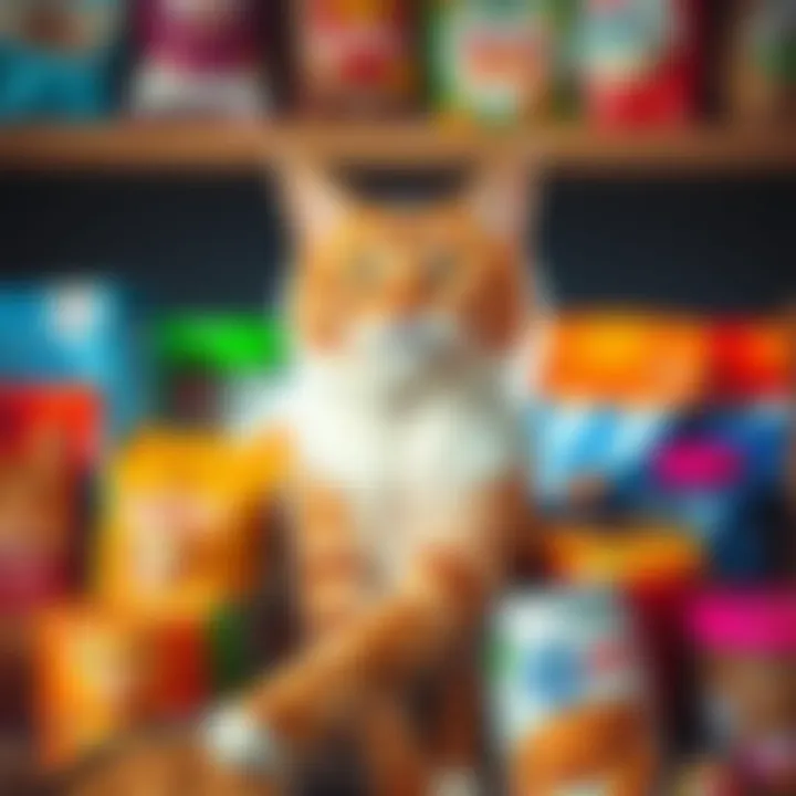 A cat surrounded by various pet food products, symbolizing the Global Cat division at Real Pet Food Company