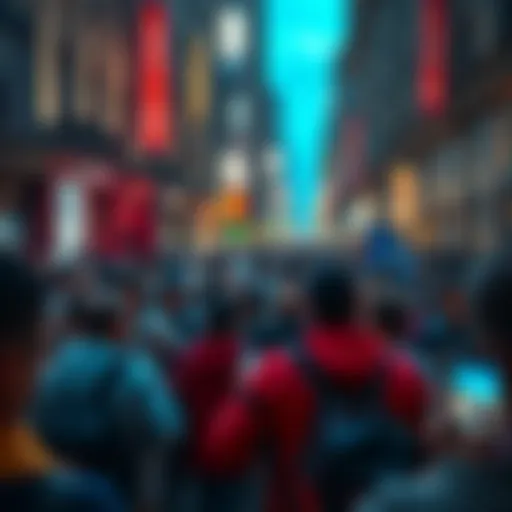 A crowded city street with worried people looking at news about the Brazilian bank bankruptcy on their phones