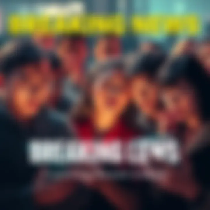 A crowd of people looks shocked while reading news on their phones; some are discussing it.