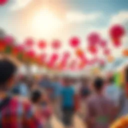 A vibrant scene showcasing people enjoying community events and celebrating opportunities, with colorful decorations and a sunny sky.