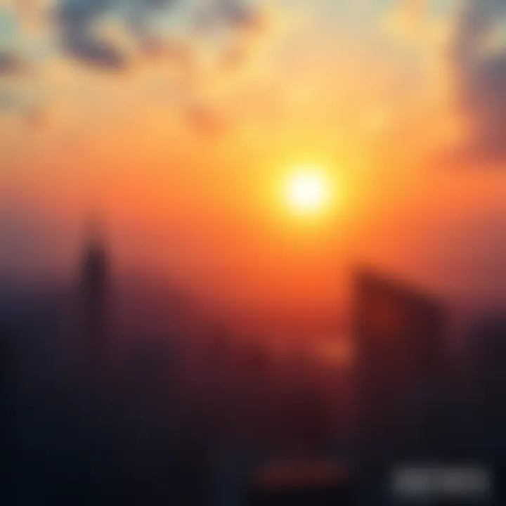 A vibrant sunrise illuminating a modern city skyline, symbolizing new beginnings and change