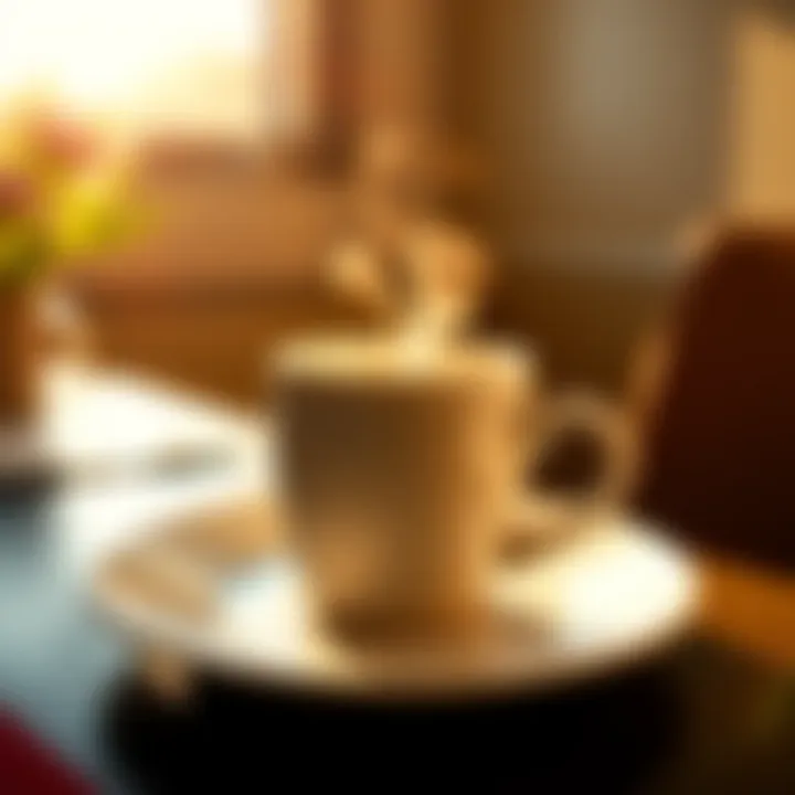 A steaming cup of coffee on a table with morning sunlight streaming in, creating a warm and inviting atmosphere